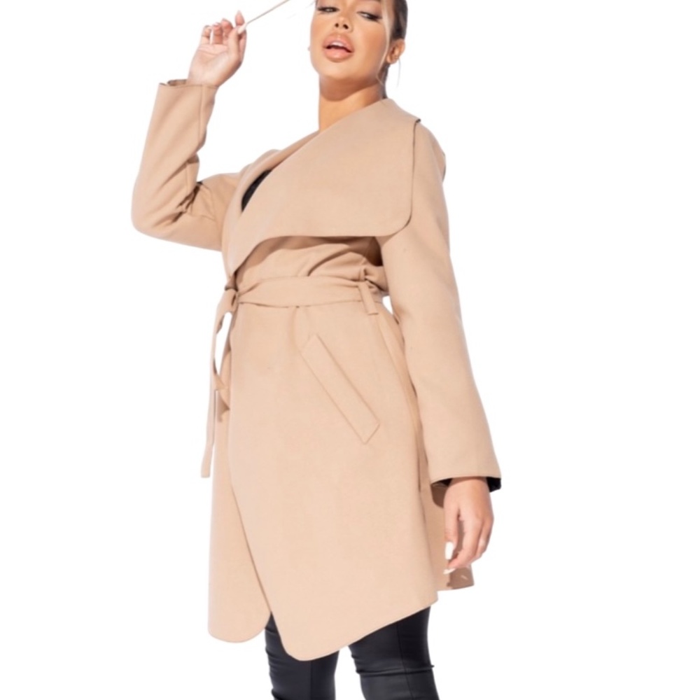 Mid Length Oversized Belted Waterfall Coat Camel NWT